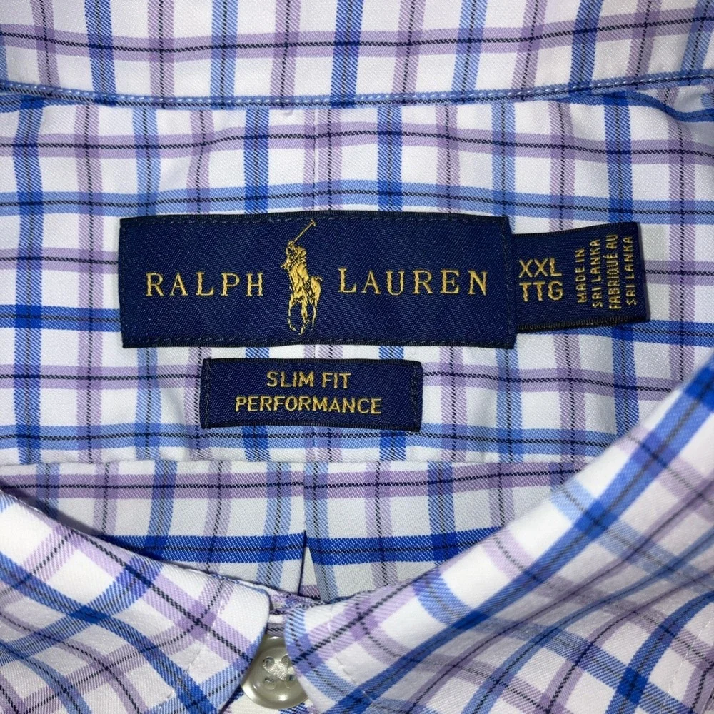 Polo Ralph Lauren Shirt Mens 2XL Slim Fit Performance Stretch Blue‎ Pink Check